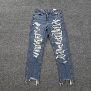 American Eagle Jeans Womens 2 Highest Rise Mom Blown Out Blue Stretch Distressed